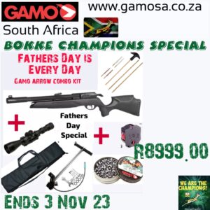 Bokke Champions Special Gamo Arrow Multishot Combo Promotion Deal  5.5 cal Synthetic + Free 4x32 wr  Gamo Scope +4 STAGE High Pressure Hand Pump + 250 Gamo Pellets + Bag +  mag+ 250 Pellets + 10 Targets + Cleaning kit 5.5cal